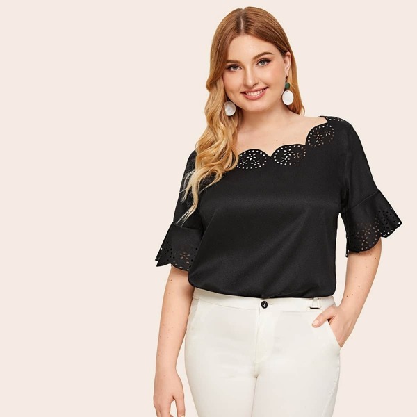 

Plus Scallop Trim Laser Cut Flounce Sleeve Blouse, Black