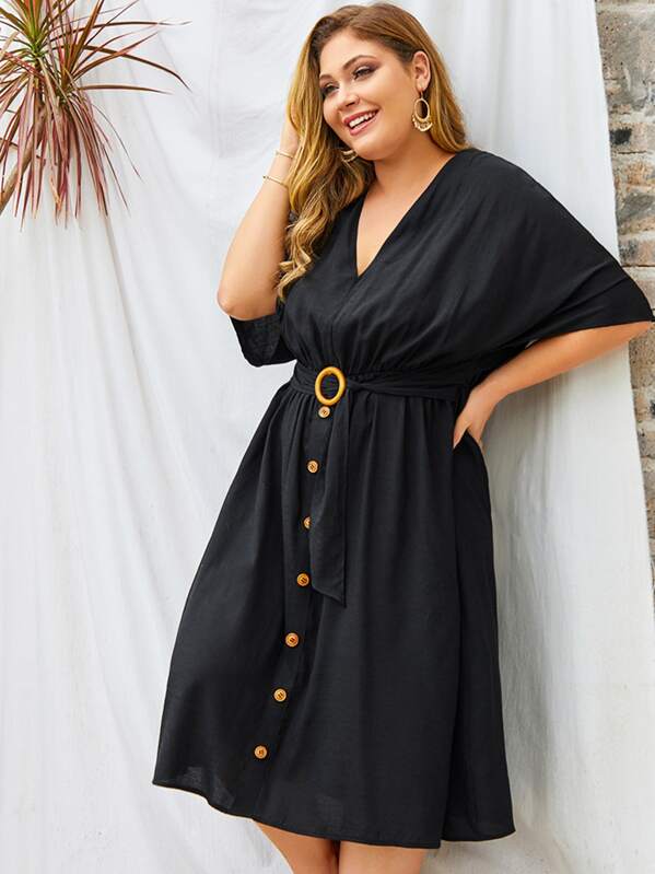 

Plus V-neck Button Front Belted Dress, Black, Carol