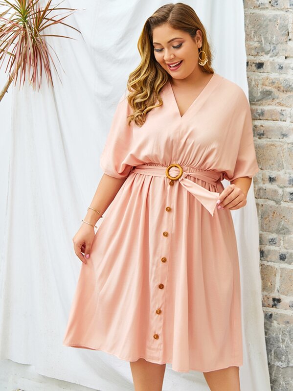 

Plus V-neck Button Front Belted Dress, Pink, Carol