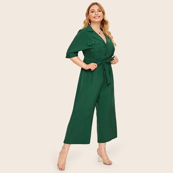 

Plus Notched Neck Wide Leg Belted Jumpsuit, Green