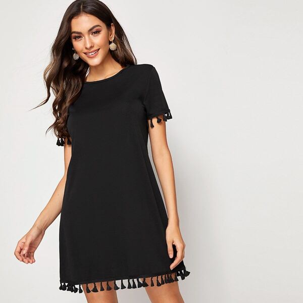 

Fringe Trim Round Neck Solid Dress