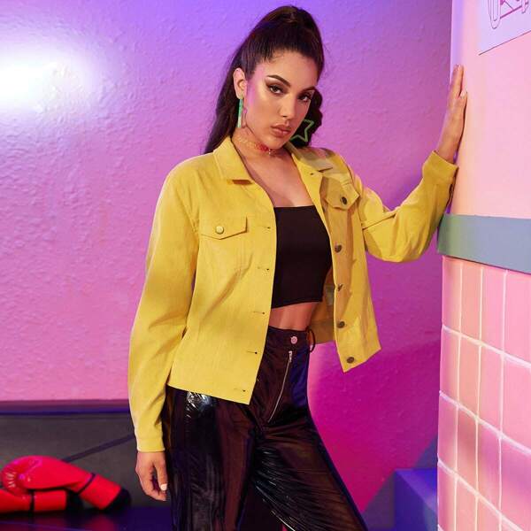 

Corduroy Single Breasted Solid Jacket, Yellow