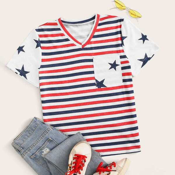 

Stripe & Star Print V-neck Pocket Tee, Multicolor