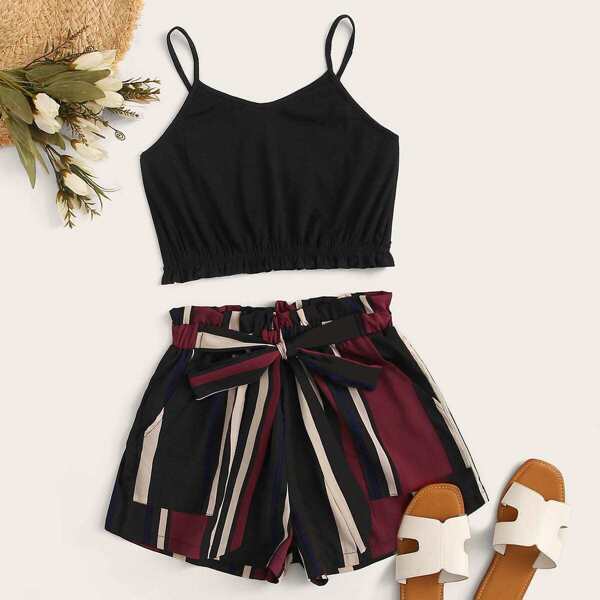 

Solid Cami Top With Striped Tie Front Paperbag Shorts, Multicolor