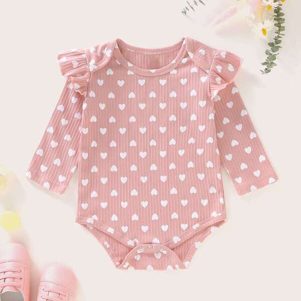 

Baby Girl Allover Heart Print Ruffle Romper, Pink