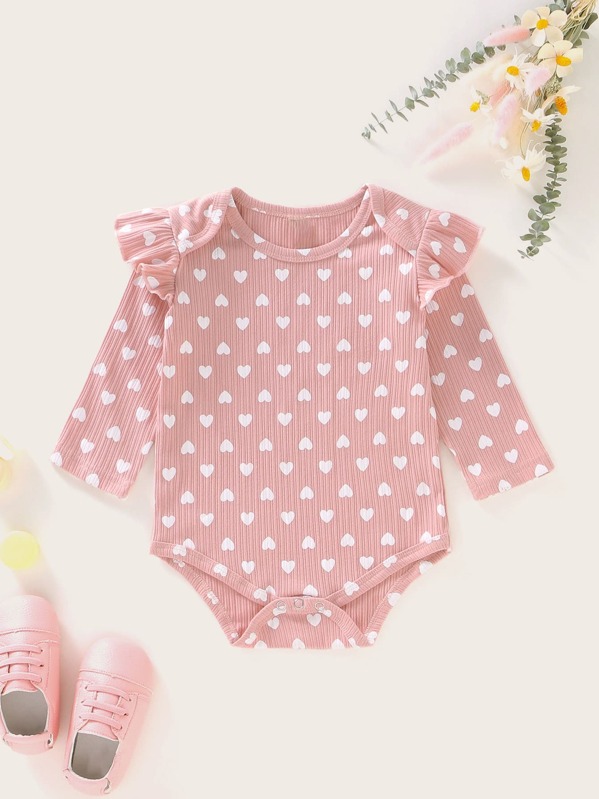

Baby Girl Allover Heart Print Ruffle Romper, Pink