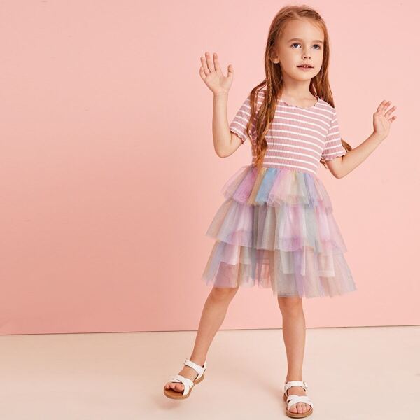 

Toddler Girls Contrast Tiered Layer Mesh Striped A-line Dress, Multicolor