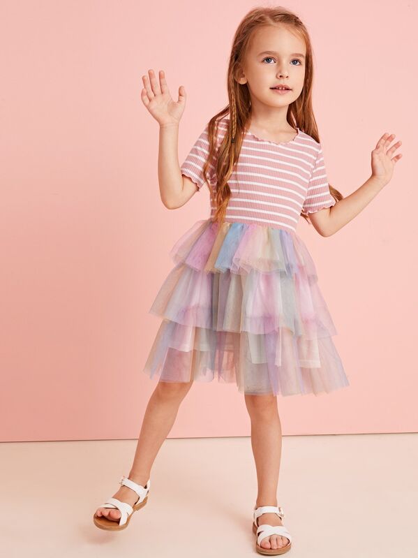

Toddler Girls Contrast Tiered Layer Mesh Striped A-line Dress, Multicolor, Sofia B