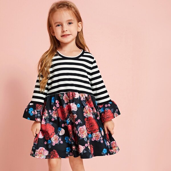 

Toddler Girls Stripe And Floral Print Spliced A-line Dress
