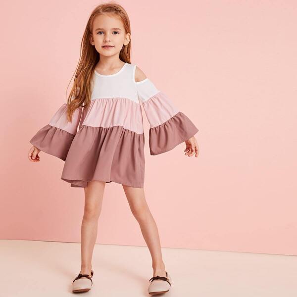 

Toddler Girls Cut And Sew Flounce Sleeve Babydoll Dress, Multicolor