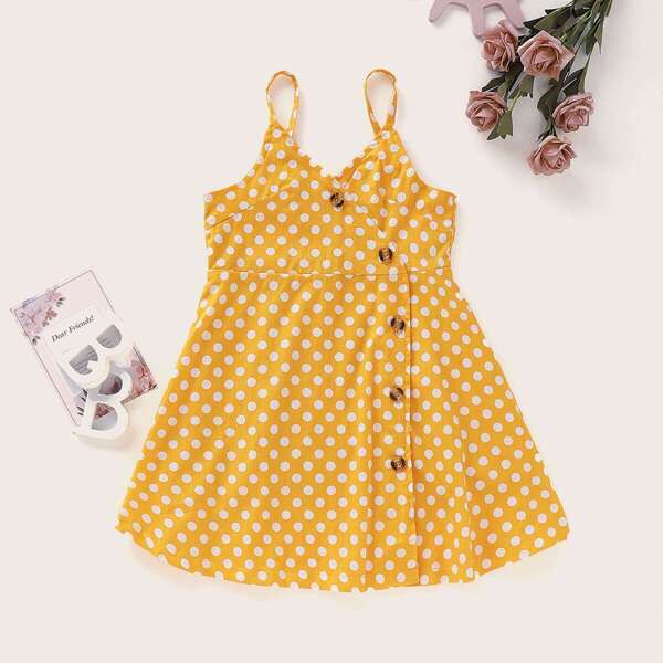 

Toddler Girls Polka Dot Button Front Cami Dress