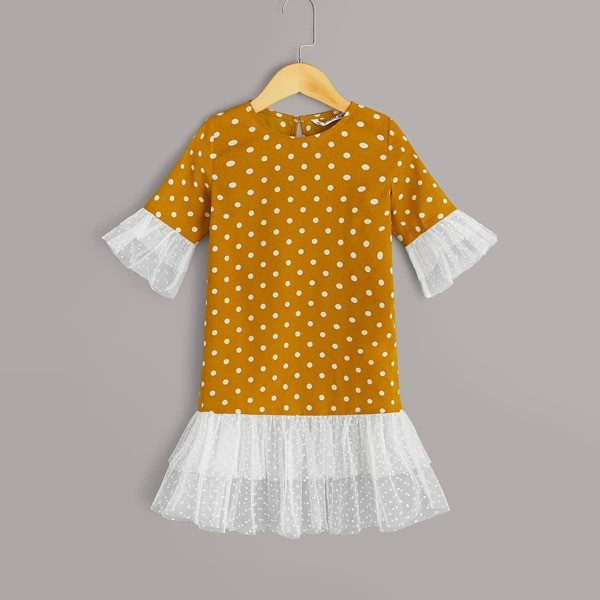 

Toddler Girls Contrast Mesh Polka Dot A-line Dress, Yellow
