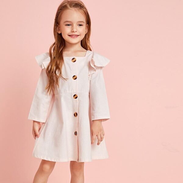 

Toddler Girls Square Neck Ruffle Trim Swing Shirt Dress, Pink pastel