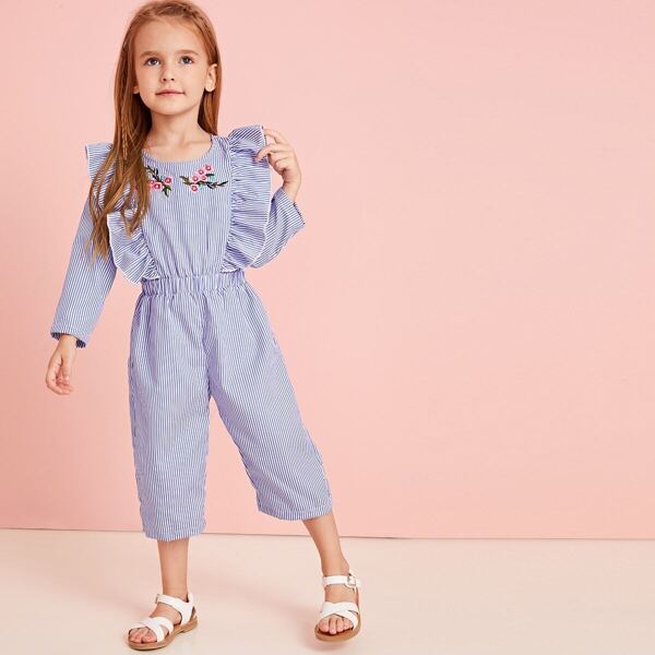 

Toddler Girls Floral Embroidery Ruffle Trim Striped Jumpsuit, Blue