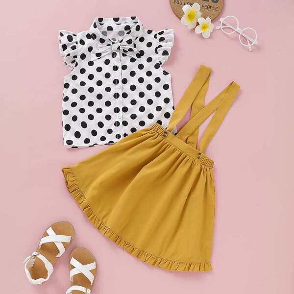 

Toddler Girls Polka Dot Bow Blouse With Pinafore Skirt