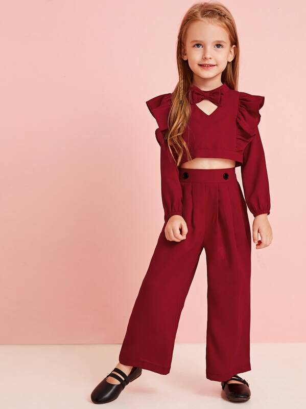 

Toddler Girls Peekaboo Ruffle Trim Top With Pants, Burgundy, Sofia B