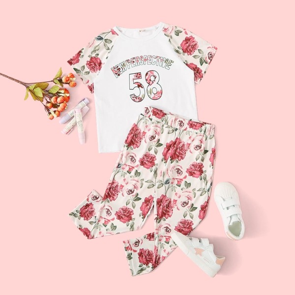 

Toddler Girls Floral Print Contrast Raglan Sleeve Tee With Pants, Multicolor