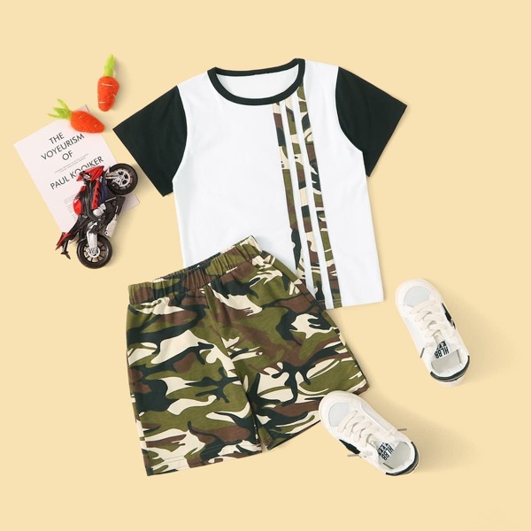 

Toddler Boys Contrast Sleeve Camo Tape Ringer Tee With Shorts