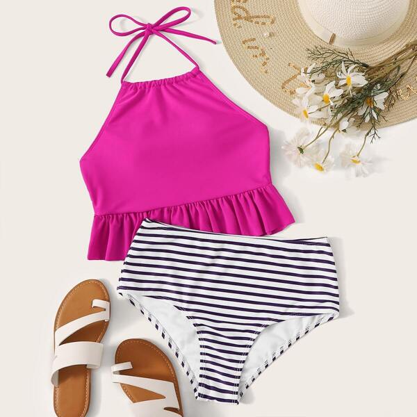 

Ruffle Hem Halter Top With Striped Bikini Set