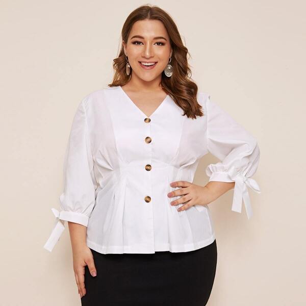 

Plus Knot Cuff V-neck Single Breasted Blouse, White