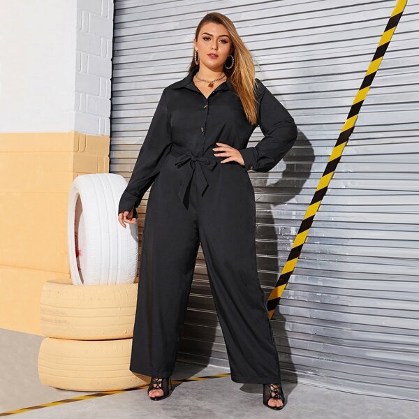 Plus Button Front Wide Leg Belted Jumpsuit