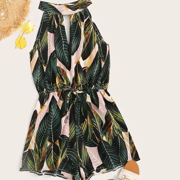 

Plus Tropical Print Halter Drawstring Romper, Green