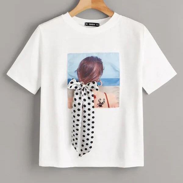 

Plus Figure Print Bow Detail Tee