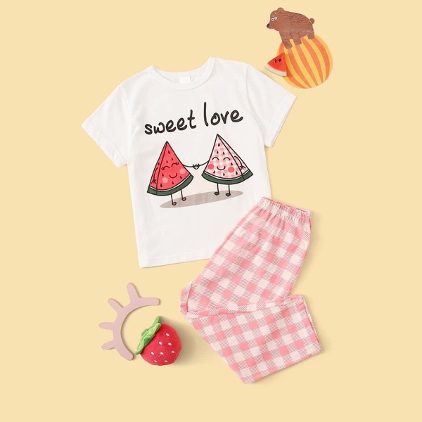 Toddler Girls Watermelon Print Plaid PJ Set, Multicolor