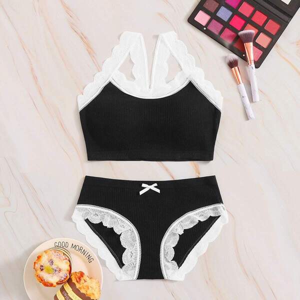 

Rib Scalloped Lace Trim Lingerie Set, Black