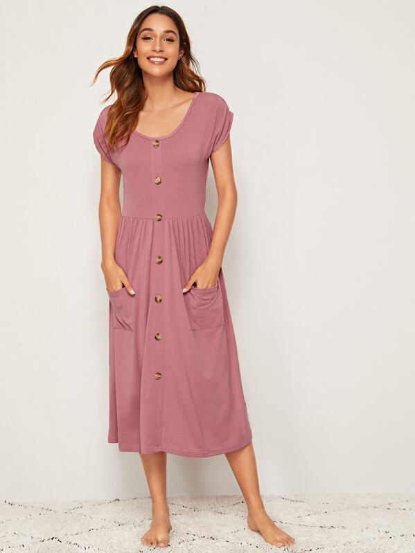 

Button Front Pocket Detail Night Dress, Pink, Gabi B