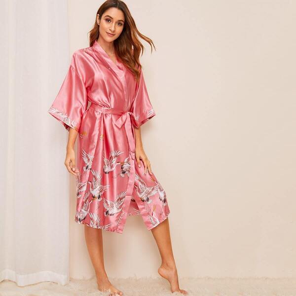 

Crane Print Belted Satin Robe