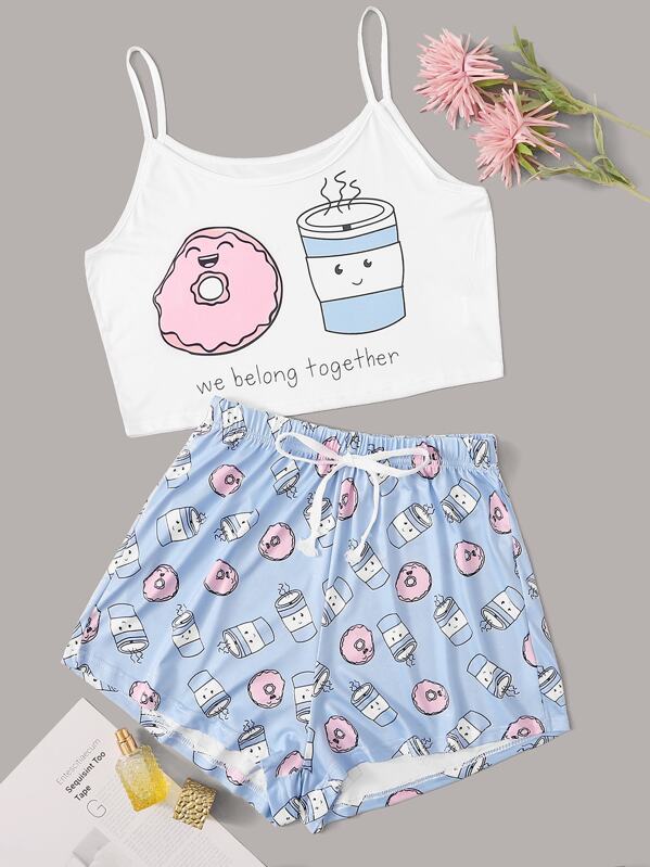 

Cartoon & Letter Print Cami PJ Set, Multicolor