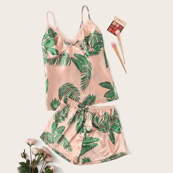 

Tropical Print Satin Cami Pajama Set, Multicolor