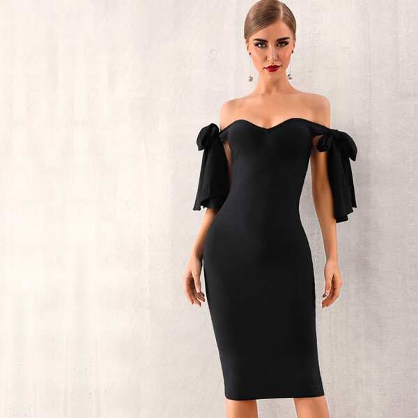 

Off Shoulder Knotted Pencil Dress, Black