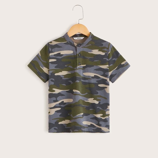 

Boys Stand Collar Camo Print Polo Shirt