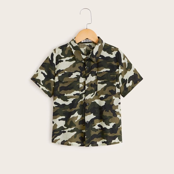 

Boys Camo Print Flap Pocket Front Shirt, Multicolor