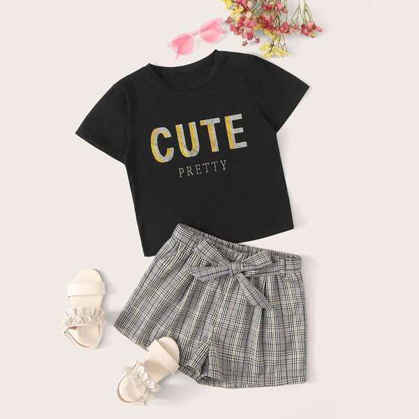

Girls Glitter Slogan Print Top & Belted Plaid Shorts Set
