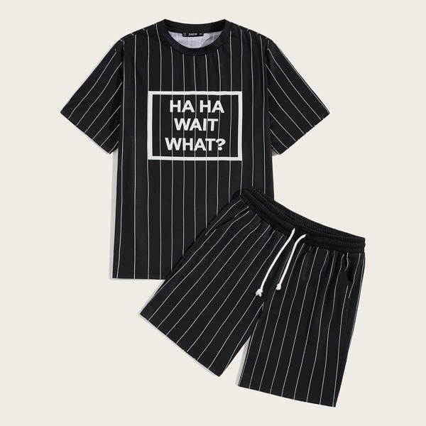 

Men Slogan Print Striped Top & Drawstring Waist Shorts Set, Black