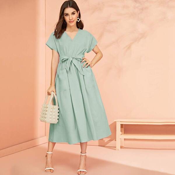 

Pocket Front Belted Solid Dress, Green pastel