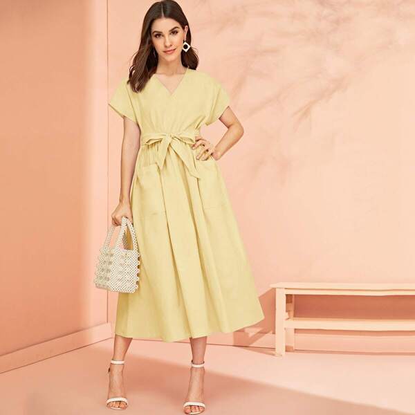

Solid Pocket Patched Self Belted Dress, Yellow pastel