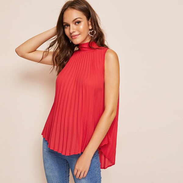 

High Neck Tie Back Pleated Dip Hem Top, Red bright