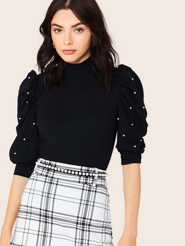 

Keyhole Back Pearls Beaded Puff Sleeve Top, Black, Brooke L