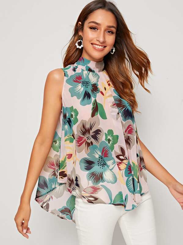 

Floral High Low Hem Tie Back Top, Multicolor, Gabi B