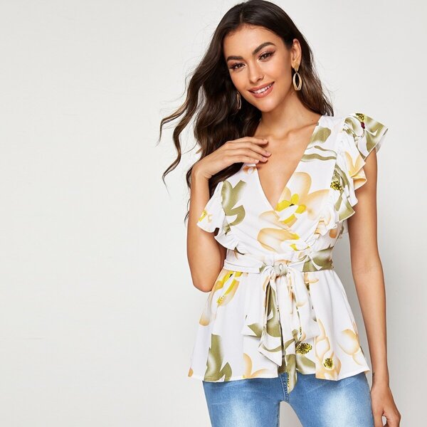

Floral Print Ruffle Trim Wrap Belted Top, Multicolor