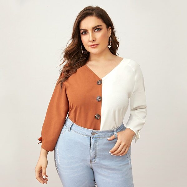 

Plus Buttoned Front Knot Cuff Two Tone Top, Multicolor