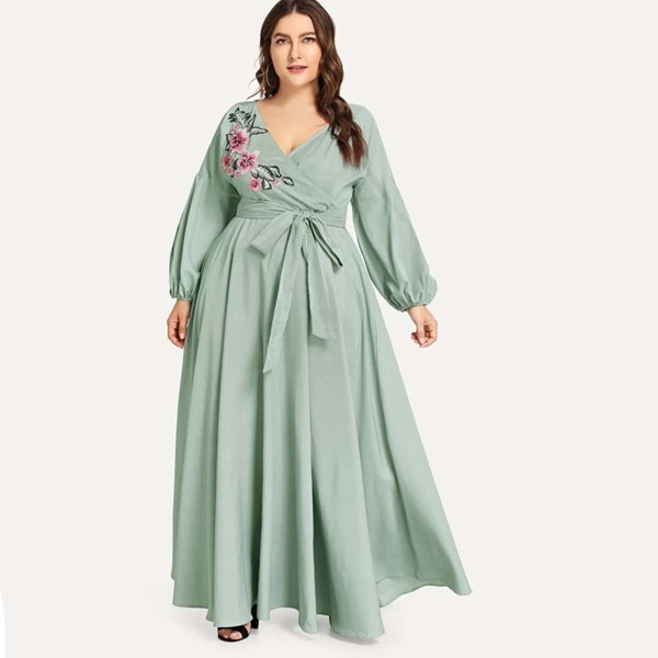 

Plus Embroidery Surplice Neck Self Belted Dress, Green