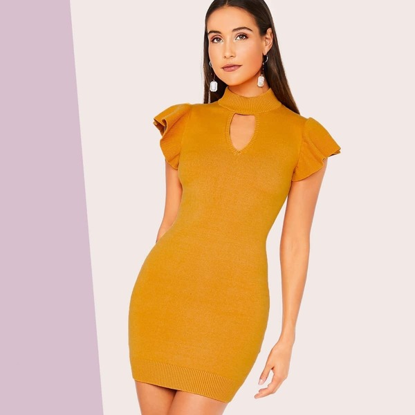 

Mock-Neck Ruffle Cuff Peekaboo Bodycon Sweater Dress, Yellow