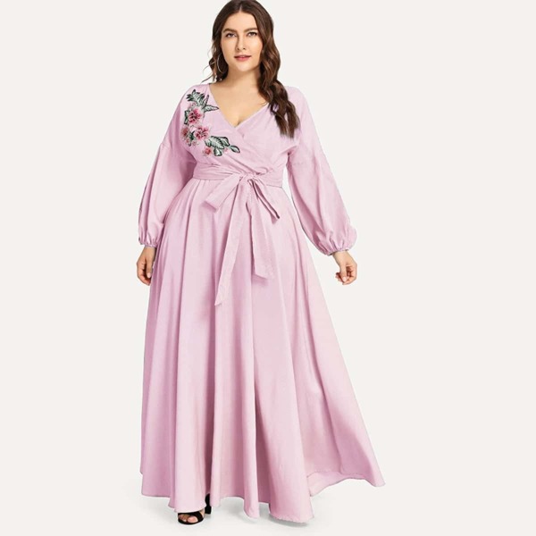 

Plus Surplice Neck Embroidered Belted Maxi Dress, Pink