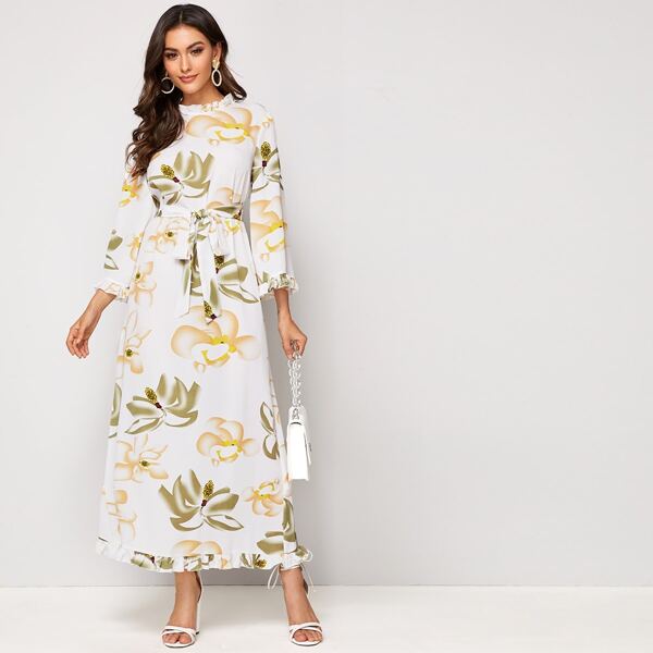 

Ruffle Trim Self Belted Floral Print Dress, White