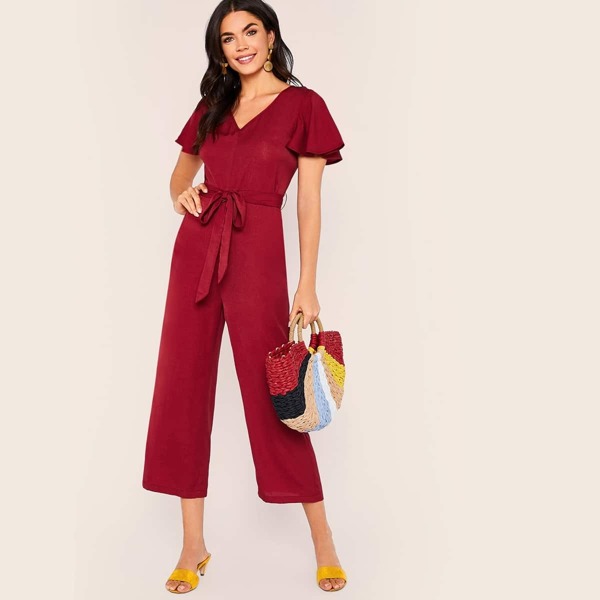 

Flutter Sleeve Solid Belted Jumpsuit